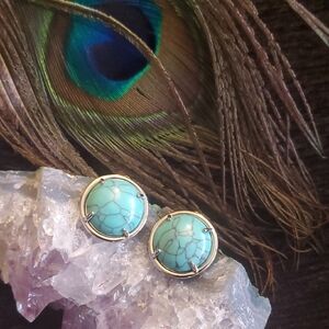 Turquoise Blue Stone Round Cabochon Prong Set Silver Stud Pierced Earrings